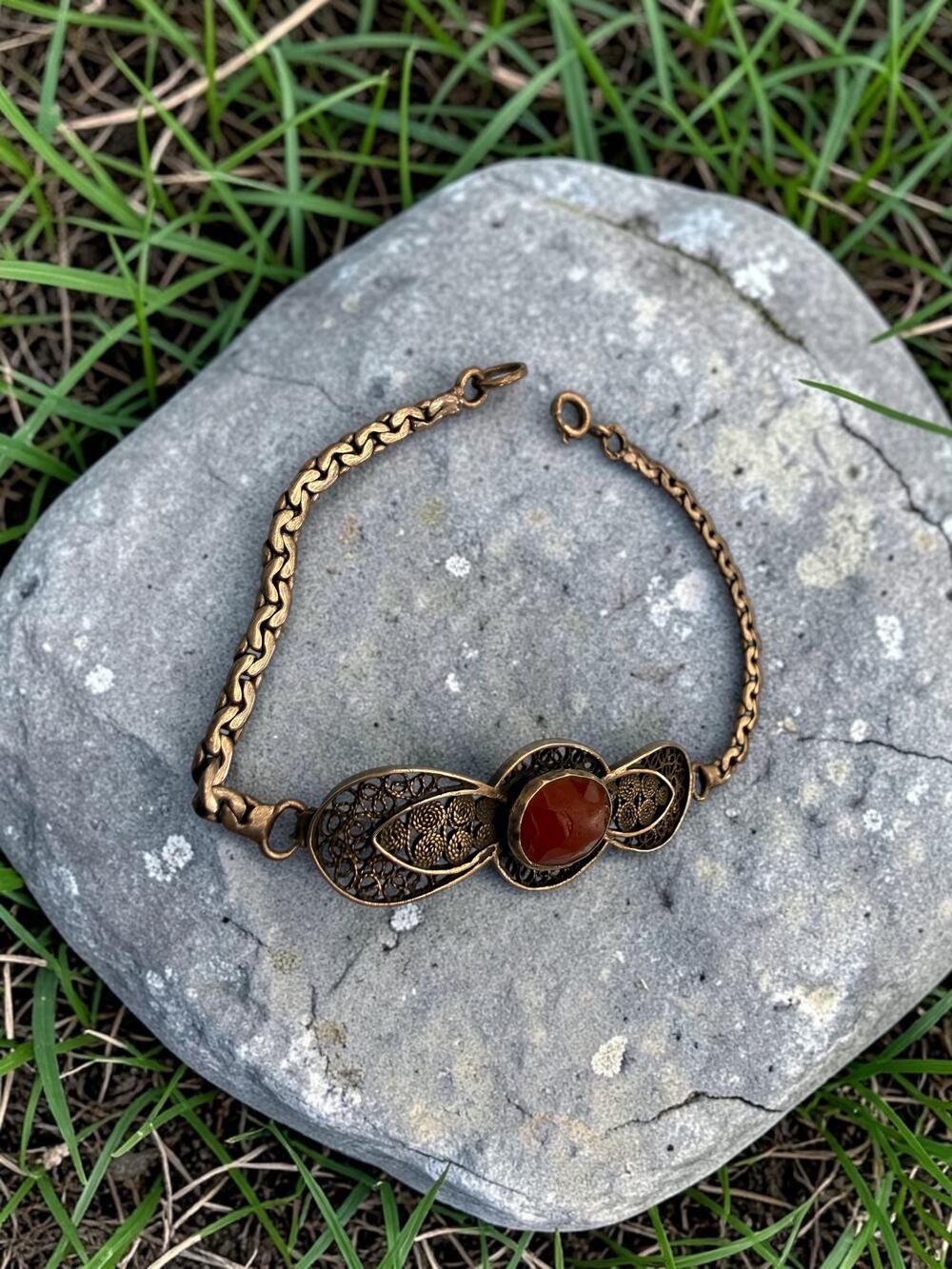 Vintage Sterling Silver Oval Carnelian Agate Cabochon Filigree Panel Bracelet Or - Picture 4 of 4